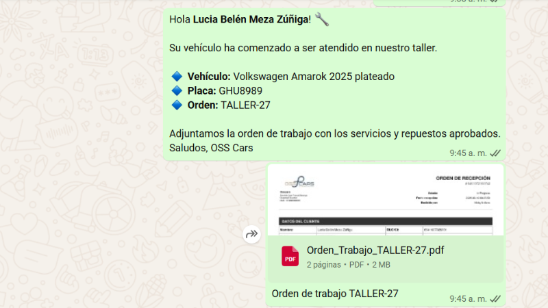 Notificaciones WhatsApp automáticas para clientes de taller mecánico