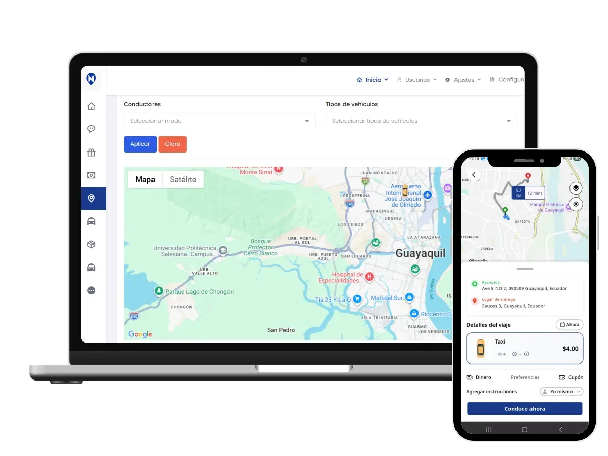 Mockup de app de taxis para cooperativas en Ecuador: panel web y app móvil
